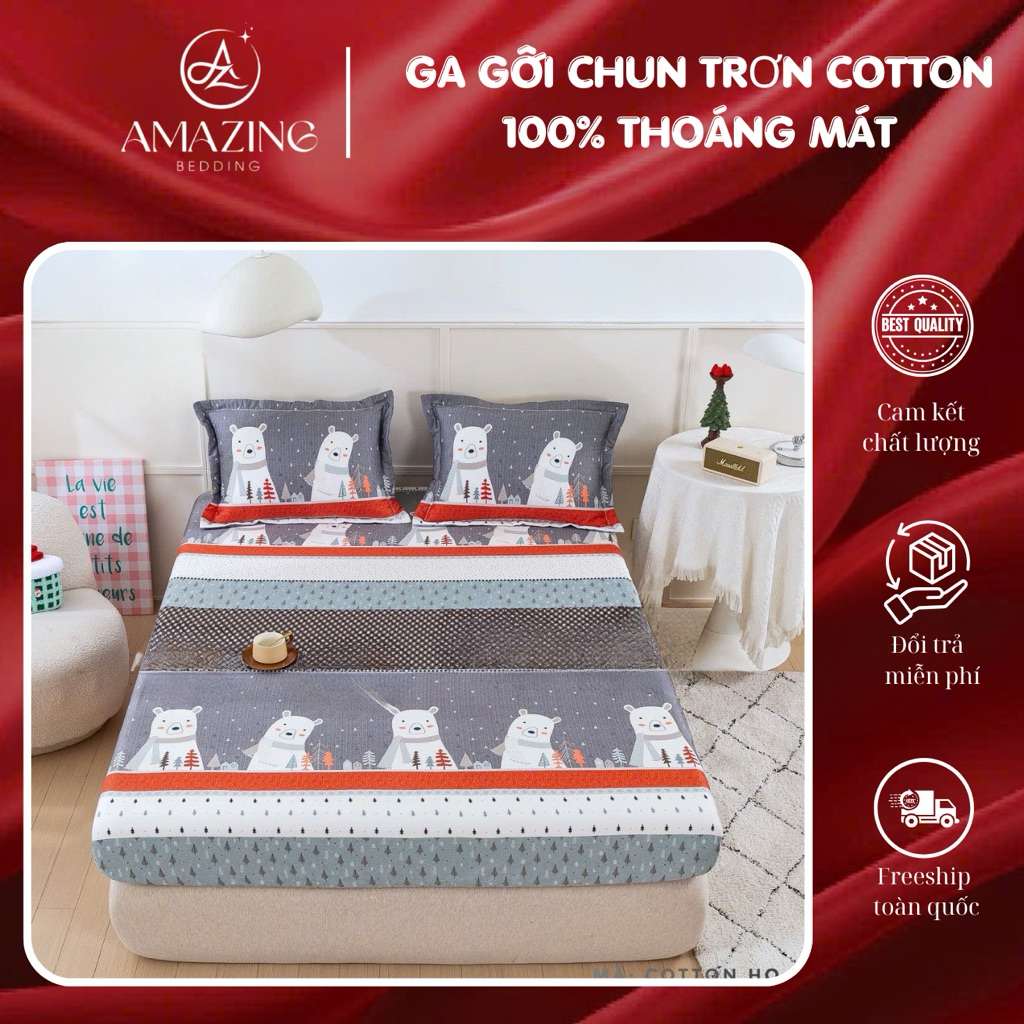 Bộ ga gối Cotton 100% gồm 1 ga chun và 2 vỏ gối đầu chất liệu thoáng mát, thấm hút tốt.