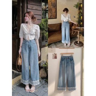 Quần Bò Jeans Nữ Ống Rộng, Quần Bò Denim Suông Ống Rộng Trơn Màu Xanh Dáng Nấm Phối Ren Cạp Cao Siêu Hách Dáng Cực Đỉnh