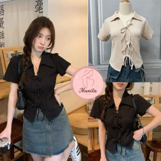 Áo brandy coquette nữ cộc tay form baby tee chất xốp nhăn co dãn 4 chiều,áo kiểu nữ cổ polo thắt nơ xinh -MA334 MANILA