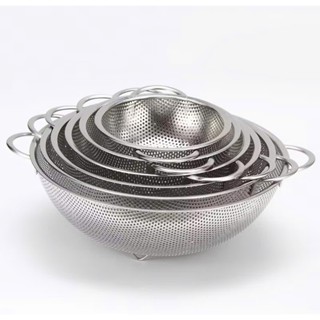 Set 3 rổ inox 304 đa năng lỗ lưới nhỏ dày - Rổ tròn inox 304 có 3 chân cao ráo nước - Rá inox có quai treo tiện lợi