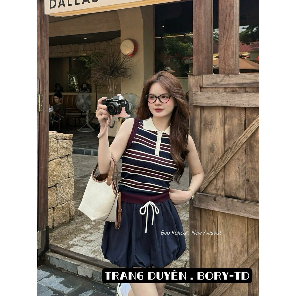 Set len kẻ mix chân váy bí