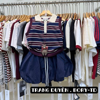 Set len kẻ mix chân váy bí