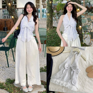 Áo cổ yếm kẻ sọc đính nơ ngực phối viền bèo ren chun lưng ERA TOP, Lipeo.store