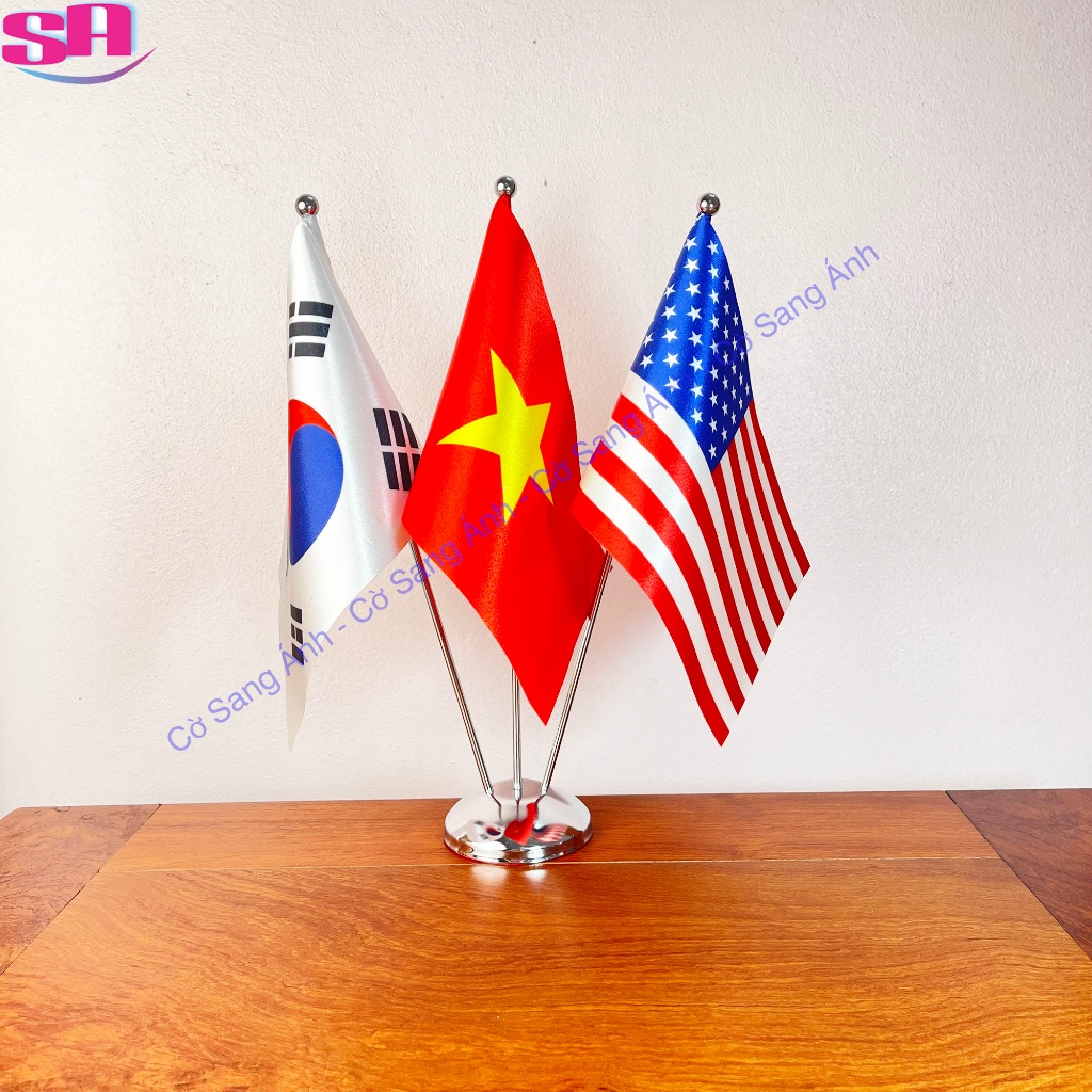Cờ Để Bàn hợp kim Cắm 3 cờ các nước tùy chọn