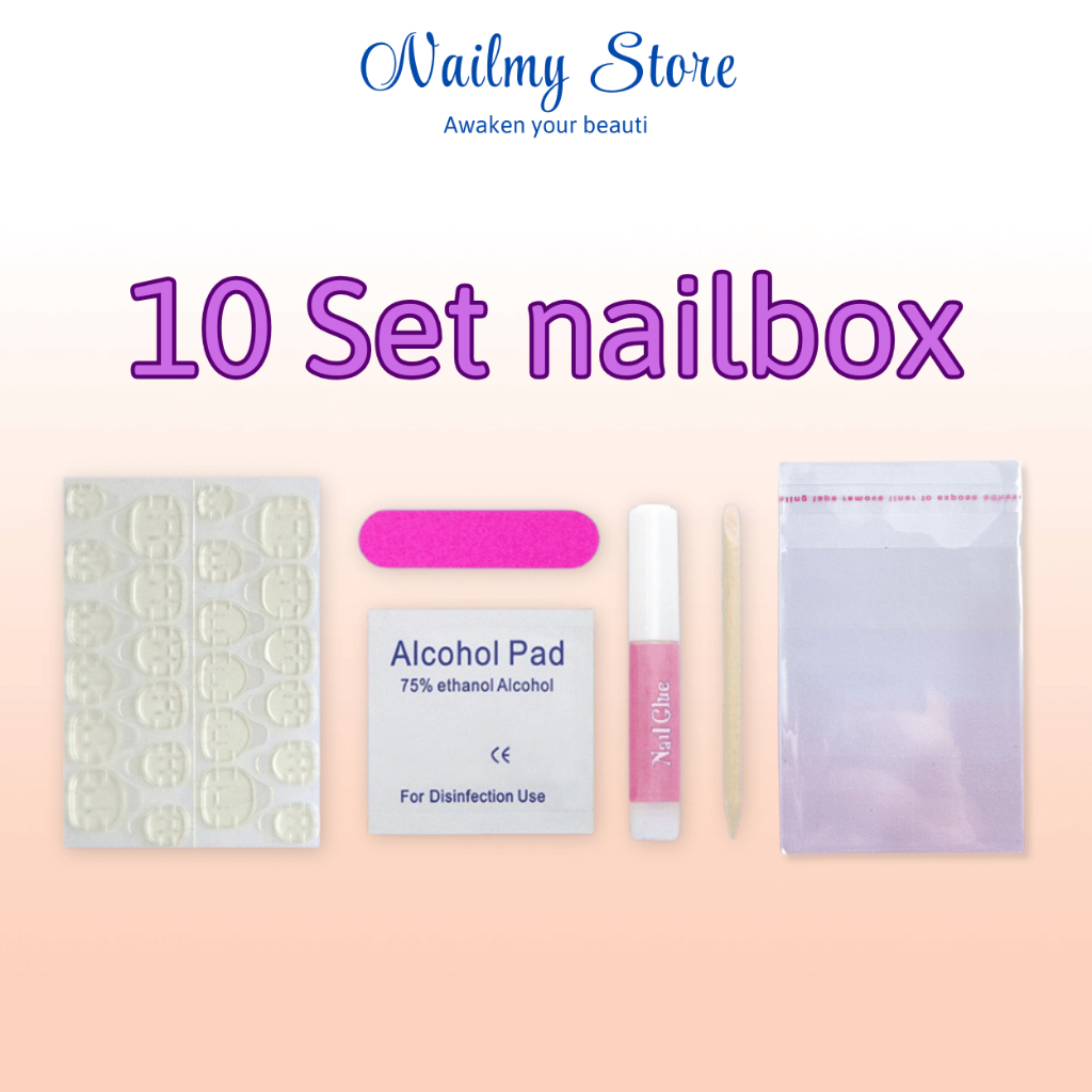 Nail box, 10 set phụ kiện nailbox (miếng dán, bông cồn, que đẩy da, dũa, keo)
