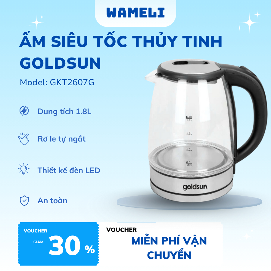 Ấm siêu tốc thủy tinh Goldsun 1.8 lít, công suất 1700W- GKT2607G- Bình siêu tốc tự ngắt.