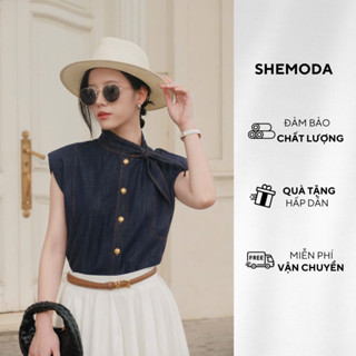 Áo Sơ Mi Bò Nữ Thắt Nơ Cổ Điệu Đà SHEMODA Silk Denim Mềm Mại Độn Vai Nhẹ Nhàng