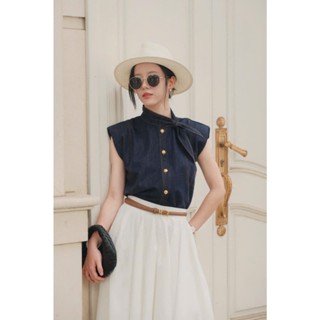 Áo Sơ Mi Bò Nữ Thắt Nơ Cổ Điệu Đà SHEMODA Silk Denim Mềm Mại Độn Vai Nhẹ Nhàng Sang Chảnh