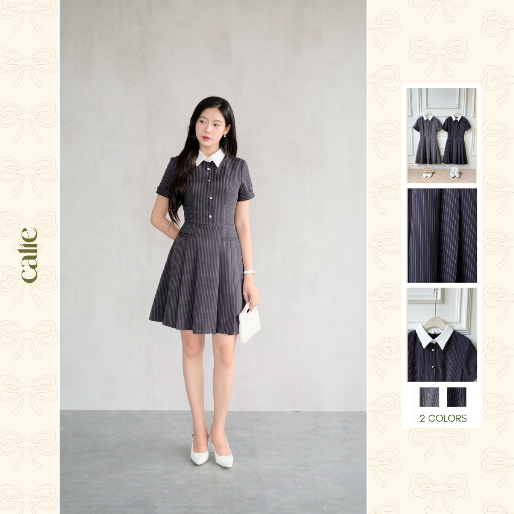 Váy dáng A trên gối kẻ sọc phối cổ trắng, chất liệu mềm mát form basic, không nóng bí thời trang nữ Calie VX258