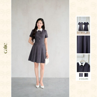 Váy dáng A trên gối kẻ sọc phối cổ trắng, chất liệu mềm mát form basic, không nóng bí thời trang nữ Calie VX258