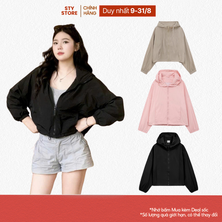 Áo Khoác Dù STY Form Lửng Nhiều Màu Có Mũ Dây Rút Chắn Gió Chống Nắng Hàn Quốc Hàng 2 Lớp