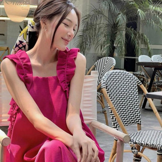 Đầm maxi cổ vuông dáng suông viền bèo thắt dây chuông