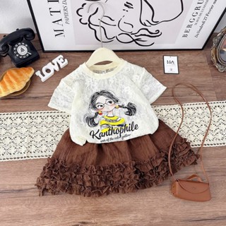 Đồ bộ bé gái, Set đồ bé gái áo ren in hình cô gái phối chân váy bèo tơ đáng yêu cho bé từ 10-30kg Babi Kids