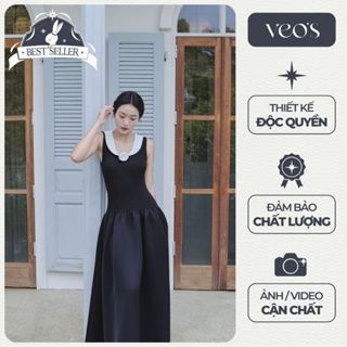 Váy Xoè Dáng Dài Thiết Kế Nữ Veo's Cổ V Kèm Hoa Cách Điệu Thân Váy Cotton Tùng Váy Tafta Đi Chơi, Du Lịch - Lady Dress