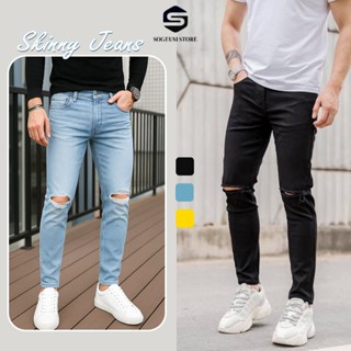 Quần jean nam rách gối dáng skinny, quần bò co giãn màu xanh đen - Sogeum.store