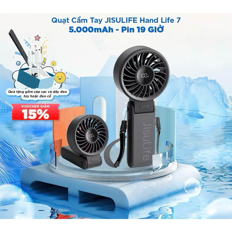 Quạt Tích Điện Cầm Tay JISULIFE Life 7 5000mAh | 5 Cấp Độ Gió, Màn Hình LED | Sử Dụng Đến 12H | Bảo 
