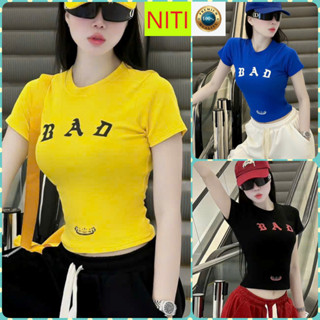 [CRTUN2353] ÁO CROPTOP KIỂU LỬNG NỮ CỔ TRÒN NGẮN TAY IN CHỮ BAD MÀU TRẮNG ĐEN XANH VÀNG CHẤT BORIP CỰC HOT