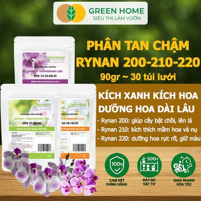 Bộ 3 Phân Tan Chậm GreenHome, Rynan 200-210-220,Bao 90g,Chuyên Phong Lan 3 Giai Đoạn Từ Con - Ra Hoa
