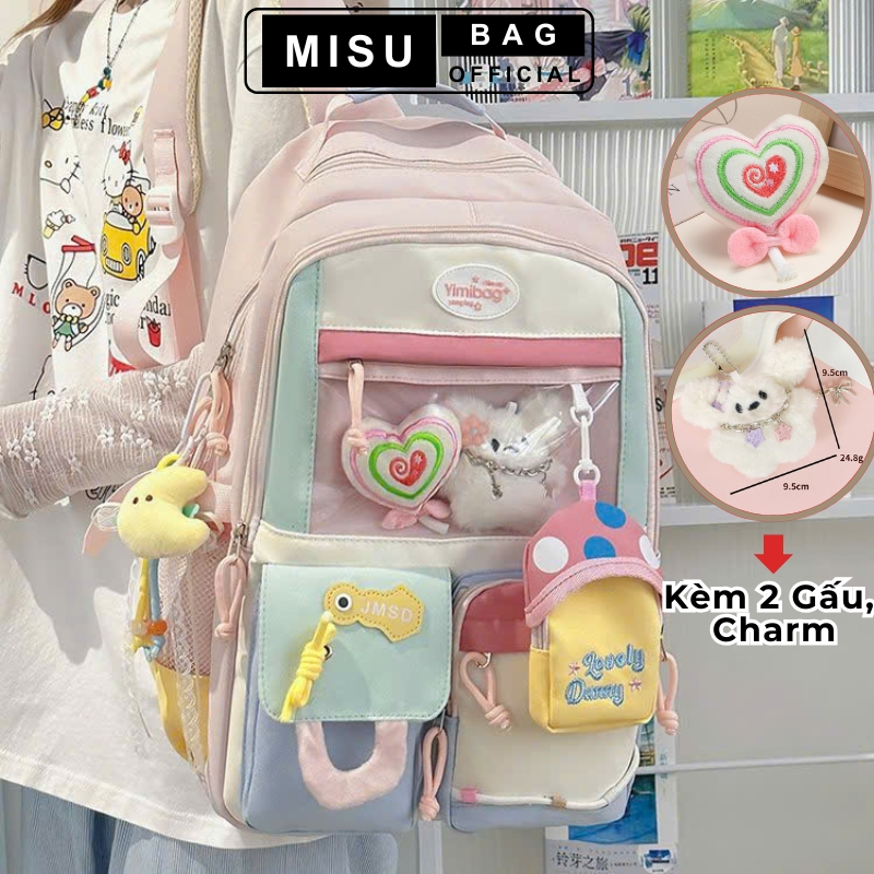 Balo nữ đi học thời trang, cặp sách Balo nữ cấp 1, cấp 2 đi học dễ thương, Balo ulzzang có ngăn trong suốt đựng gấu