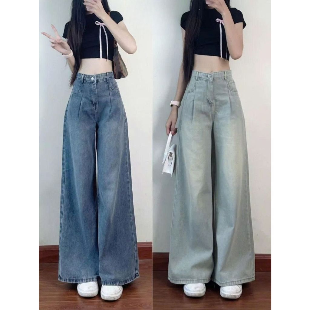 Quần jeans nữ ống suông ống rộng 247store lưng cao tôn dáng màu xanh retro đi học đi làm đi chơi Back to School | BigBuy360 - bigbuy360.vn