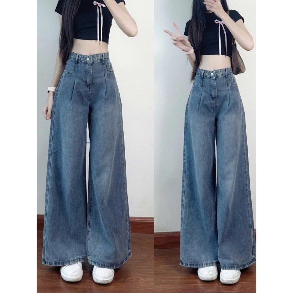 Quần jeans nữ ống suông ống rộng 247store lưng cao tôn dáng màu xanh retro đi học đi làm đi chơi Back to School | BigBuy360 - bigbuy360.vn