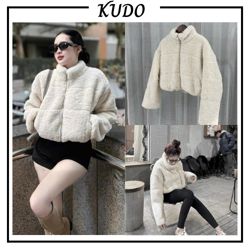 Áo khoác lông mềm basic dáng ngắn tay dài kéo khóa màu trắng trơn dày dặn ấm áp mùa đông KUDOSHOP