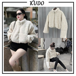 Áo khoác lông mềm basic dáng ngắn tay dài kéo khóa màu trắng trơn dày dặn ấm áp mùa đông KUDOSHOP