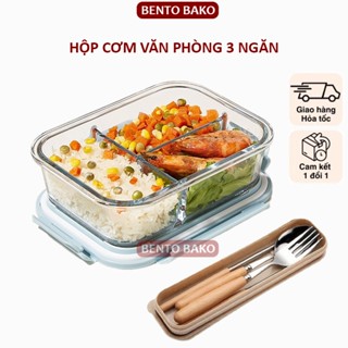 Hộp Thủy Tinh 3 Ngăn BENTO BAKO Hộp Cơm Văn Phòng Đựng Thức Ăn Nắp Chống Tràn,Quay Được Lò Vi Sóng