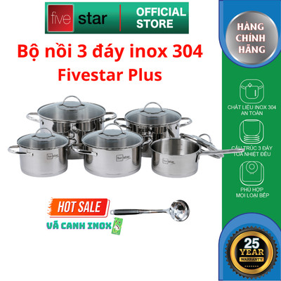 Bộ nồi quánh 3 đáy inox 304 FiveStar Plus kiểu Silit 5 chiếc nắp kính (quánh16cm xN16cmx2N 20cm x1N24cm