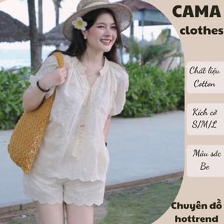 Set hoa ren boi cổ V thô mềm dây nơ kem nhẹ nhàng mix quần đùi cạp chun, set đồ nữ tiểu thư thoải mái HCOM26256