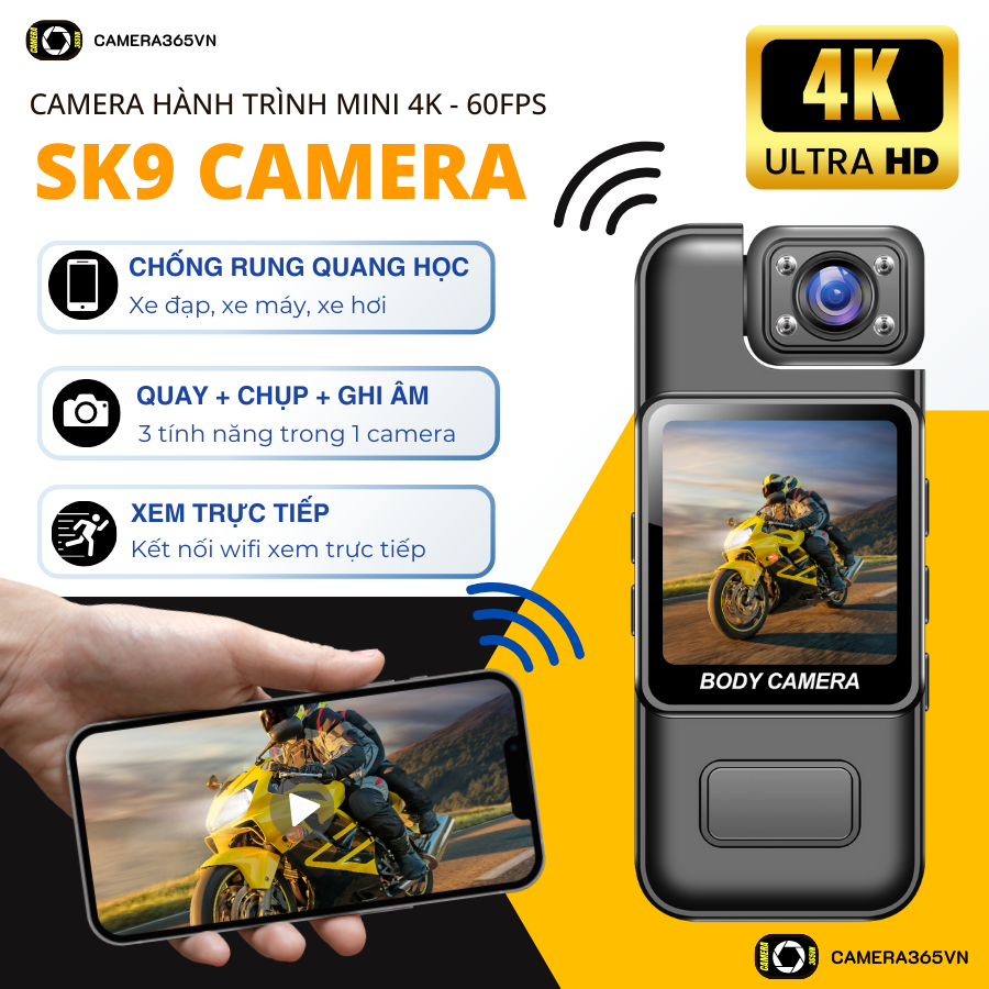 (SK9 nâng cấp) Camera Hành Trình Mini Chất Lượng 4K Góc rộng 180 độ, Chống Rung Quang Học, Camera du lịch cầm tay