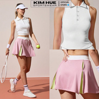 Áo polo trắng sát nách phối cúc-Chân váy gấp nếp trước sau cạp buộc dây (chính hãng)