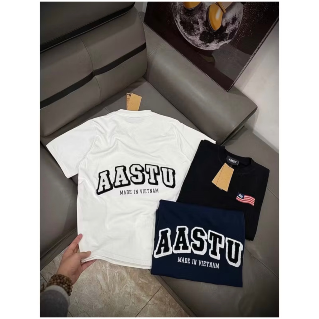 Áo thun AAStu thêu xù hoạ tiết AAstu sau lưng nam nữ chất vải cotton 2 chiều dày mịn thoáng mát bản 