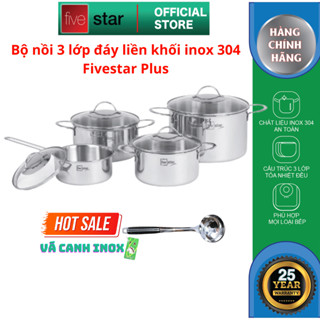 Bộ nồi 3 lớp đáy liền khối inox 304 Fivestar Plus quai oval nắp kính (1quánh16cm x 1nồi 18cm x 1nồi 20cm x 1nồi 24cm)