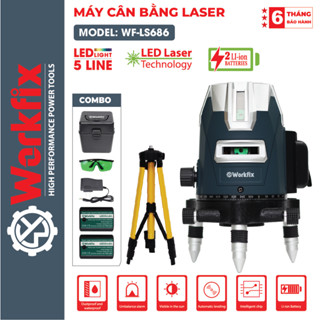 Máy Cân Bằng Lazer WORKFIX-LS686 Mẫu Mới Hộp Nhựa, 5 Tia Xanh Bóng LED Siêu Sáng, Phím Cảm Ứng