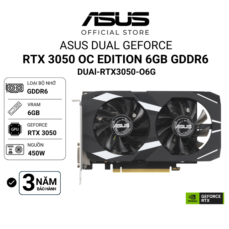 Card màn hình ASUS Dual GeForce RTX 3050 OC Edition 6GB | 6GB GDDR6 DUAL-RTX3050-O6G | 96 bit | 550W