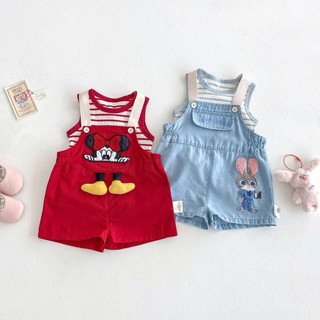 (Order) Yếm vải thô mềm hoạ tiết ngộ nghĩnh kèm áo sát nách kẻ ngang năng động dành cho bé gái