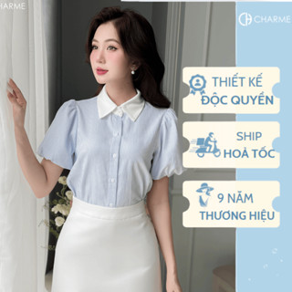 Áo sơ mi cộc tay cổ Đức dáng suông tôn dáng Charme Store sơ mi nữ công sở hàng thiết kế 308045