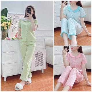 (Châu Jolie) Bộ kẻ cổ sen chất thô đẹp quần dài và lửng