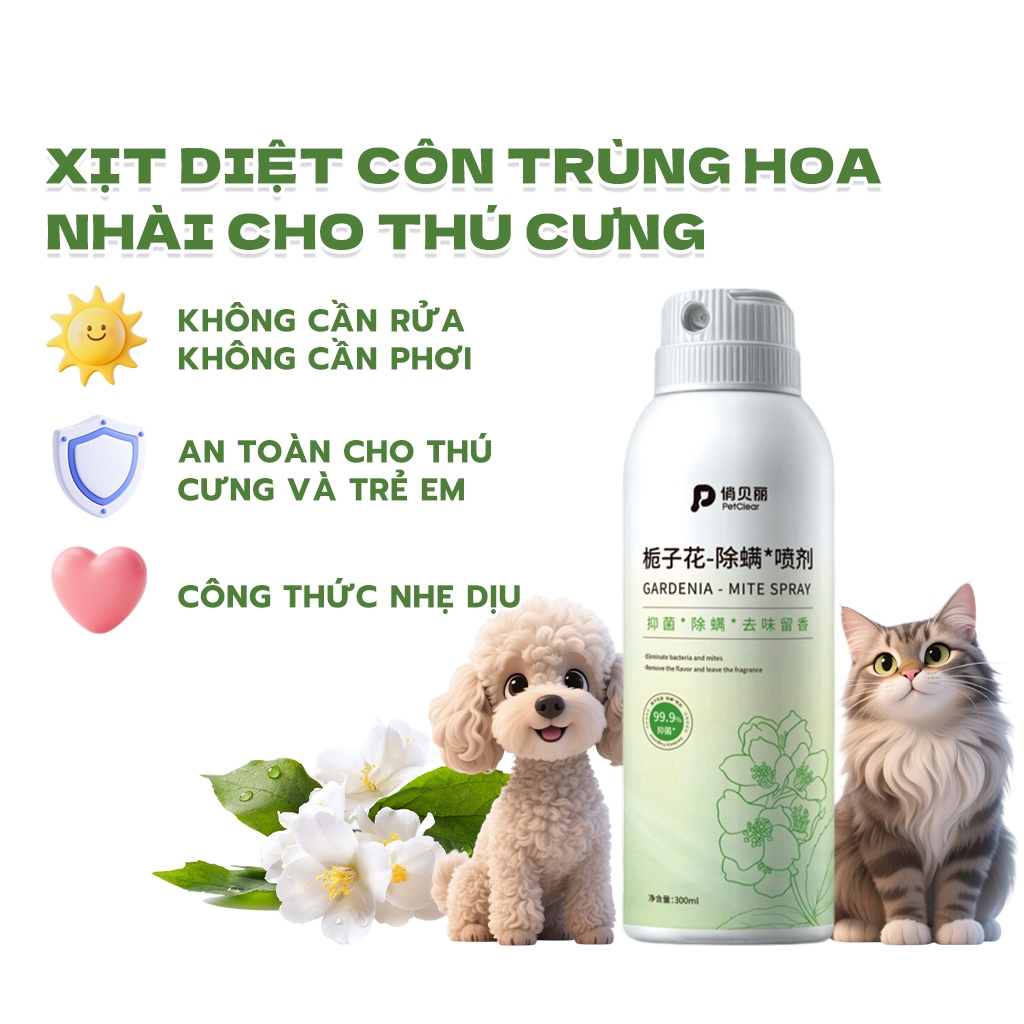 Xịt khử mùi Petclear cho chó mèo, thơm mát, không rửa, không phơi nắng, dịu nhẹ, lưu hương lâu