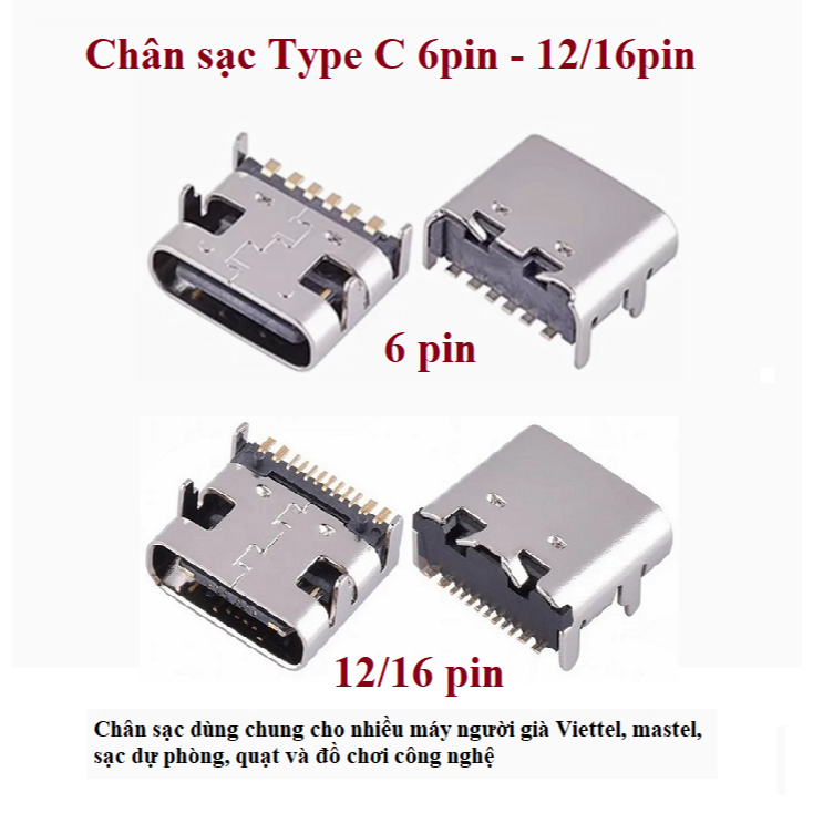 (Set 5c) Chân sạc Type C 6 chân,12/16 chân đa năng dùng cho máy người già Viettel, mastel,sạc dự phò