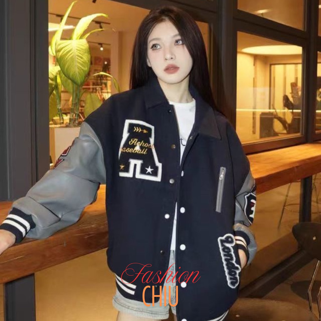 áo khoác bomber varsity chữ A chất vải dạ dày dặn phối tay da PU cao cấp áo khoác bóng chày bomber c