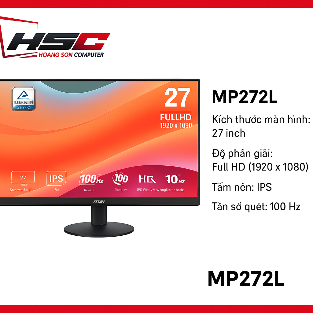 LCD MSI PRO MP 272L 27 INCH/100Hz/1HDMI Đen  - IPS - FHD - 100Hz - 1ms - Viền Mỏng- DGW