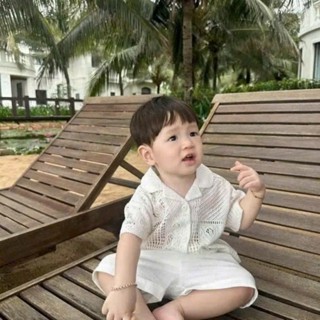 Bộ cộc tay  lưới bé trai , Set áo lươi bé trai quần đũi trắng xịn sò phong cách Hàn quốc đi chơi đi biển -Kool- Mã lưới