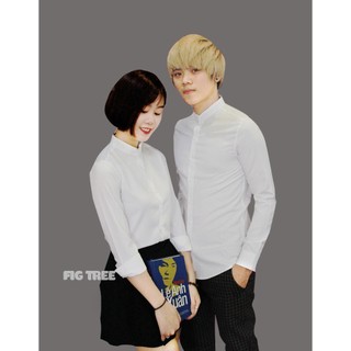 Áo Sơ Mi Cặp Nam Nữ FIG TREE Màu Trắng Cổ Trụ Cá Tính, Áo Đôi Cho Couple Sánh Bước Bên Nhau