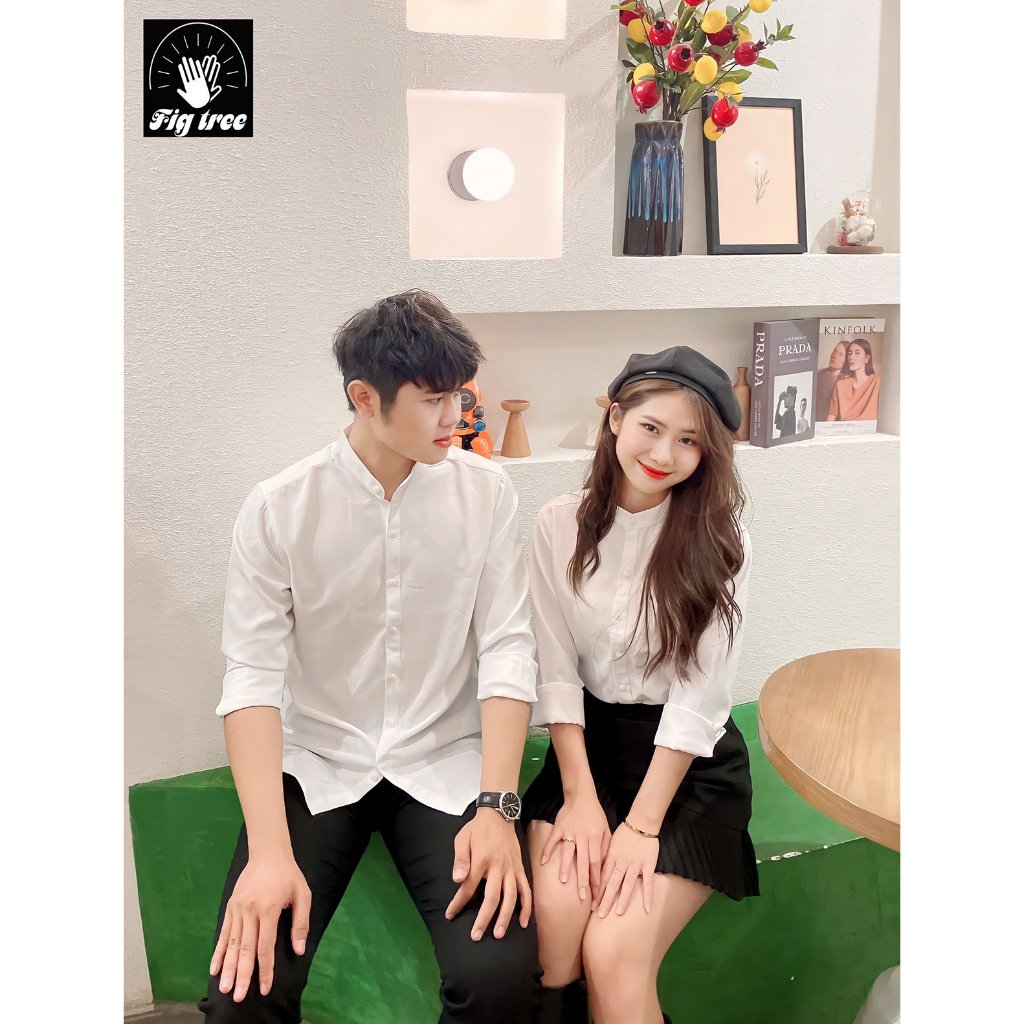 Áo Sơ Mi Cặp Nam Nữ FIG TREE Màu Trắng Cổ Trụ Cá Tính, Áo Đôi Cho Couple Sánh Bước Bên Nhau