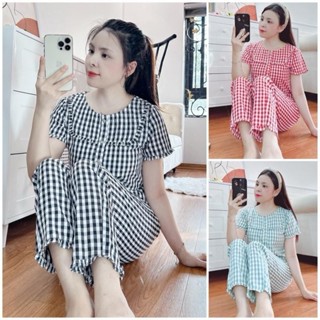 (Châu Jolie) Bộ kẻ chất thô mềm cổ tròn phối bèo 3 khuy trang trí