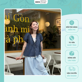 Áo Set On Set Babydoll Denim ODS thiết kế cổ V bèo cột nơ ngực, tay ngắn phồng, trong giả lót áo trắng - GR6