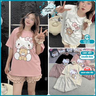 Set bộ đùi nữ hình in Hello Kitty, áo phông freesize hình mèo cầm gấu dễ thương kèm quần short đùi chấm bi phối viền