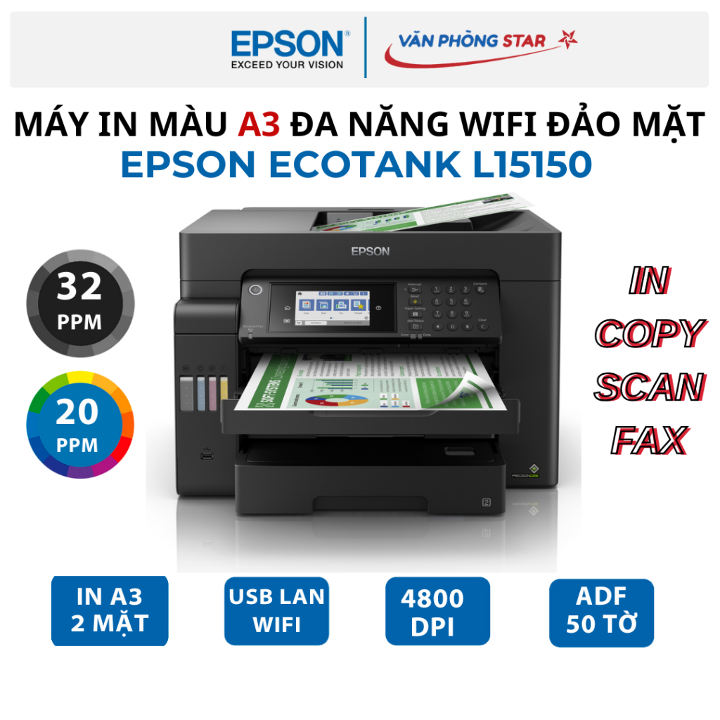 Máy In Màu A3 Epson L15150 - In A3 Đảo Mặt Copy Scan Fax ADF LAN WiFi - In ảnh, bản vẽ chất lượng